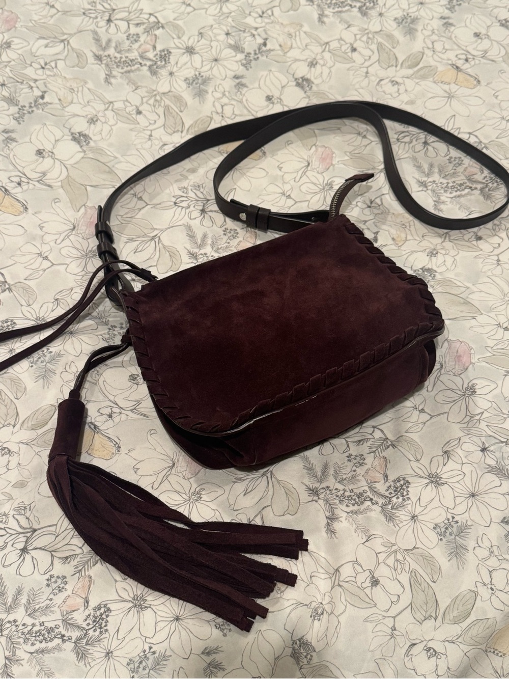 All Saints Suede Crossbody Bag with Tassel - Deep Burgundy
